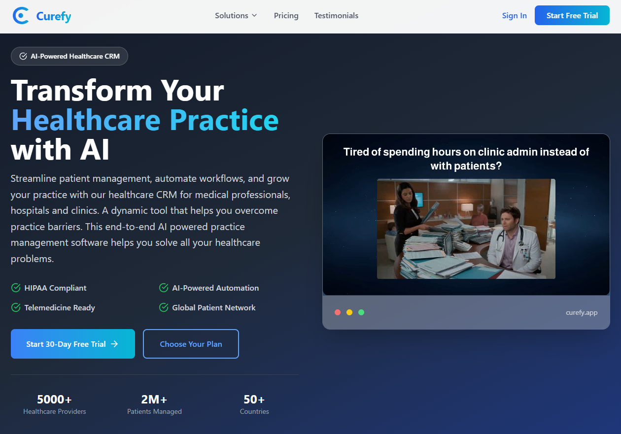 Homepage screen grab of curefy app healthcare CRM for doctors
